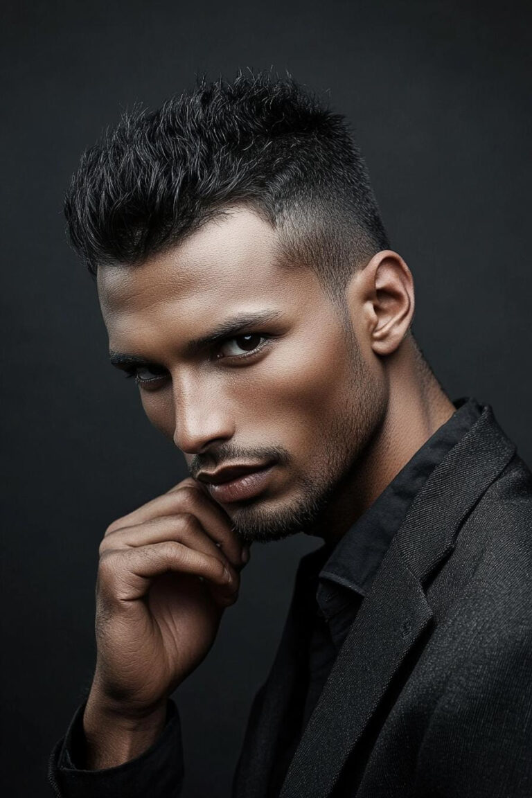 A man with a textured crop hairstyle that blends into a flat top, showcasing the transition between styles