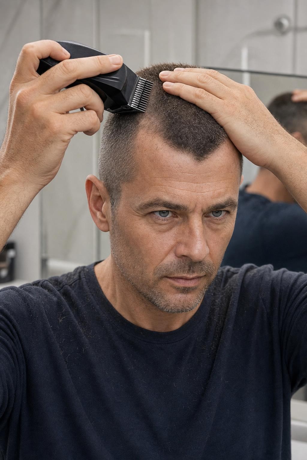 Man buzzing his own hair
