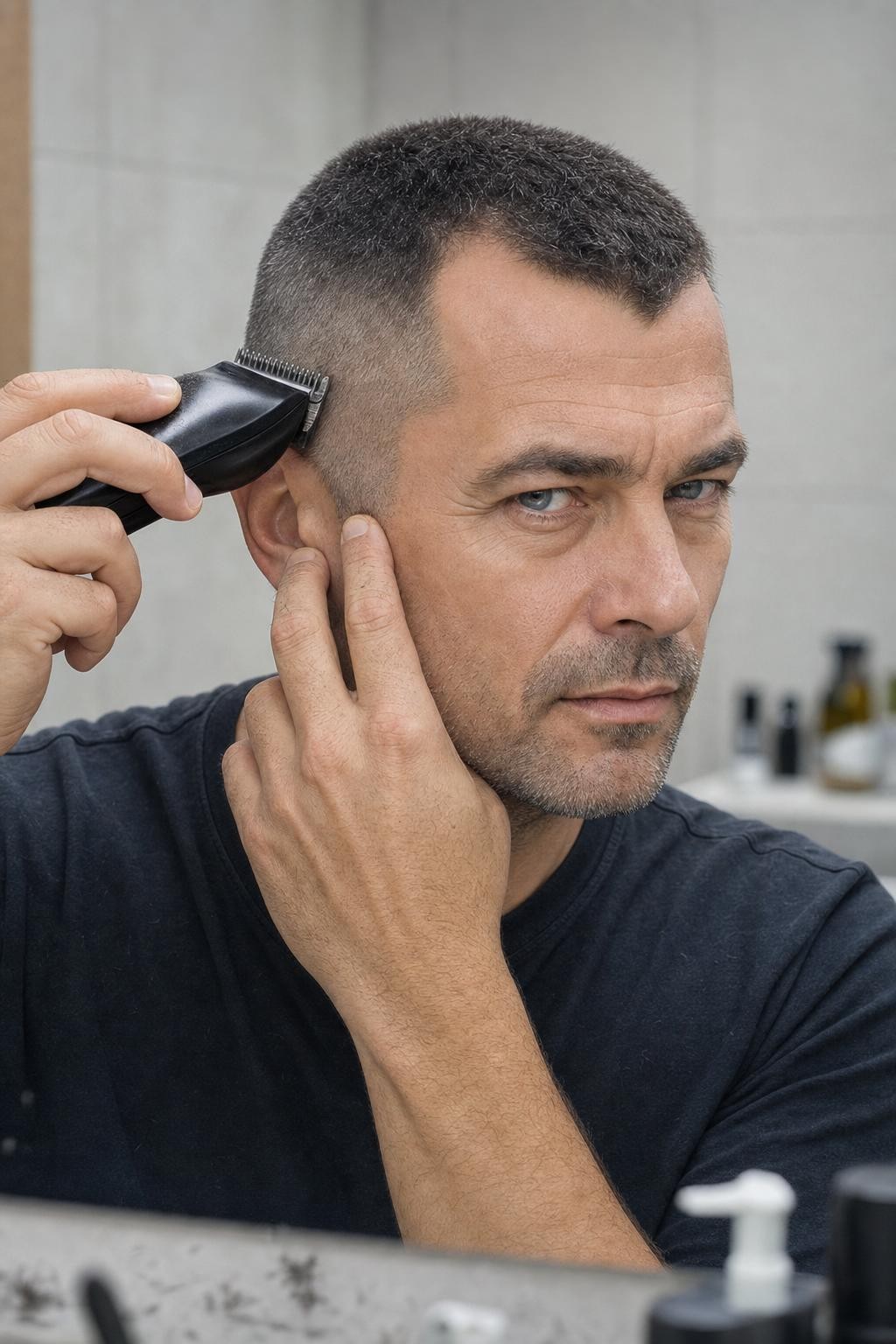 Man trimming his buzz cut